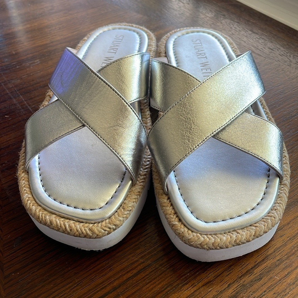 Stuart Weitzman Roza Lift Leather Silver‎ Slide Sandals Size 6B